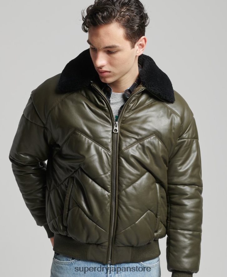 ヘリテージ レザー パファージャケット 男性 Superdry 衣類 緑 2J62PZ4666