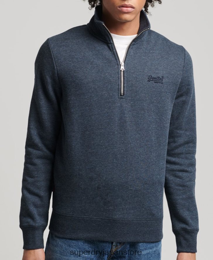 オーガニックコットン ヴィンテージ ロゴ ジップ ヘンリー スウェットシャツ 男性 Superdry 衣類 海軍 2J62PZ5086