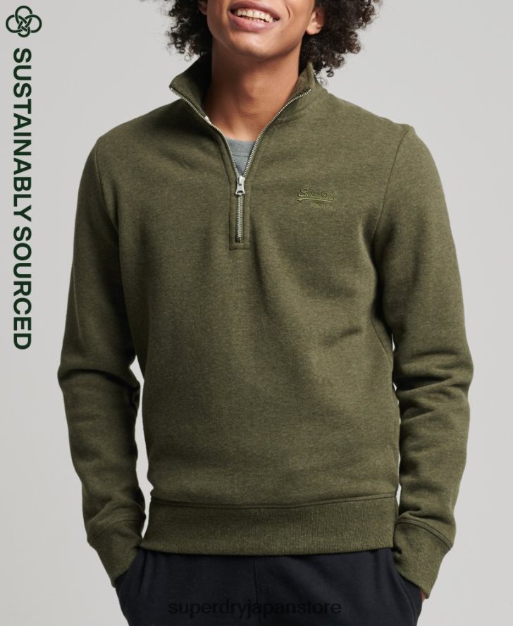 オーガニックコットン ヴィンテージ ロゴ ジップ ヘンリー スウェットシャツ 男性 Superdry 衣類 カーキ 2J62PZ5122