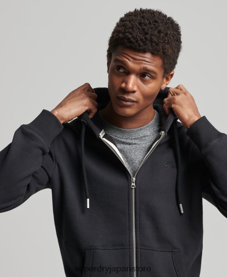 オーガニックコットン ヴィンテージロゴ刺繍ジップパーカー 男性 Superdry 衣類 黒 2J62PZ516