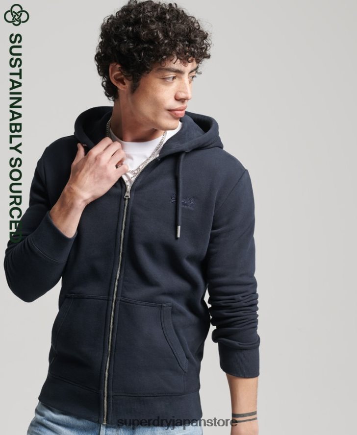 オーガニックコットン ヴィンテージロゴ刺繍ジップパーカー 男性 Superdry 衣類 海軍 2J62PZ5183