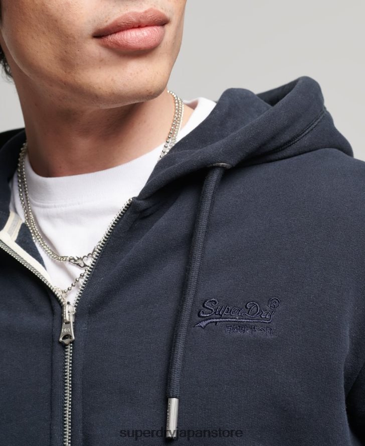 オーガニックコットン ヴィンテージロゴ刺繍ジップパーカー 男性 Superdry 衣類 海軍 2J62PZ5183