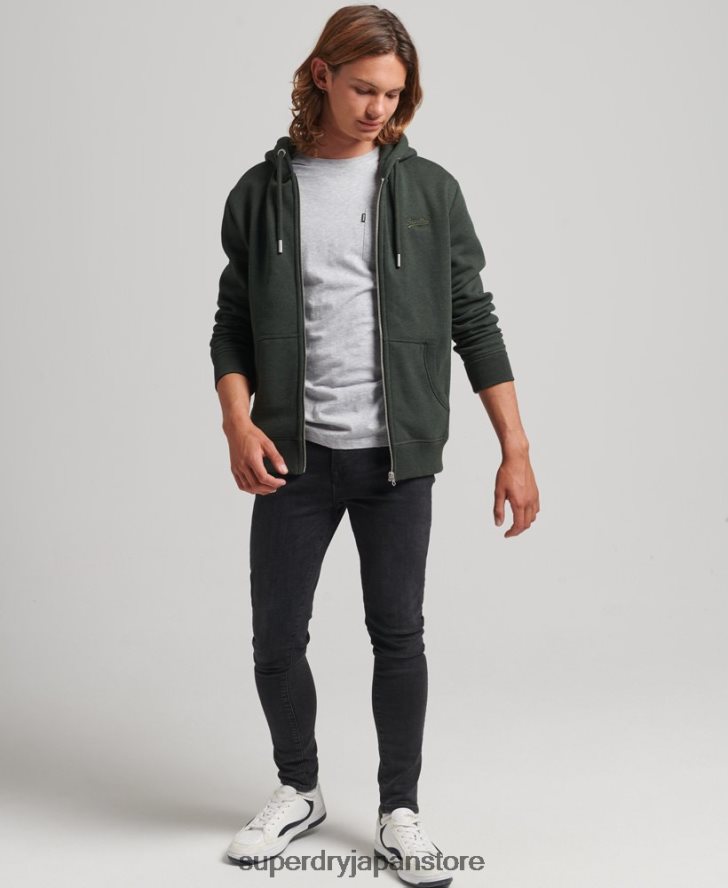 オーガニックコットン ヴィンテージロゴ刺繍ジップパーカー 男性 Superdry 衣類 緑 2J62PZ525