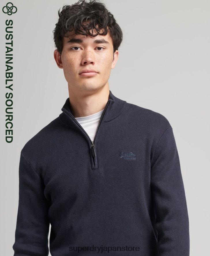 オーガニックコットン 刺繍入りヘンリースウェットシャツ 男性 Superdry 衣類 海軍 2J62PZ5308