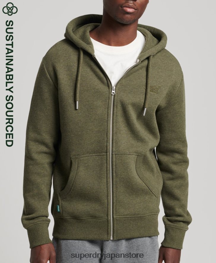 オーガニックコットン ヴィンテージロゴ刺繍ジップパーカー 男性 Superdry 衣類 カーキ 2J62PZ545