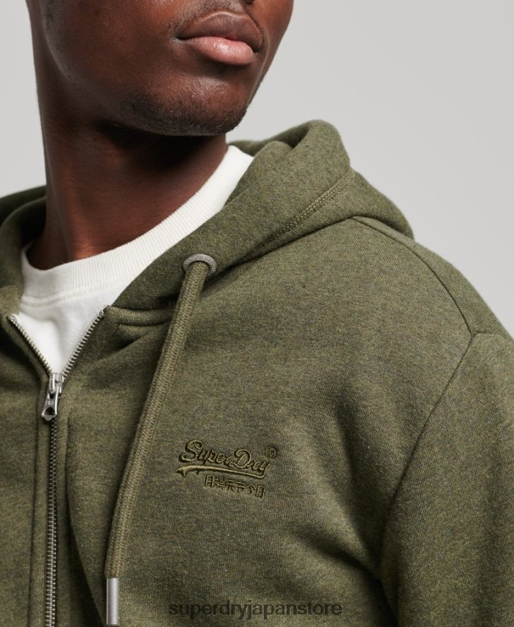 オーガニックコットン ヴィンテージロゴ刺繍ジップパーカー 男性 Superdry 衣類 カーキ 2J62PZ545