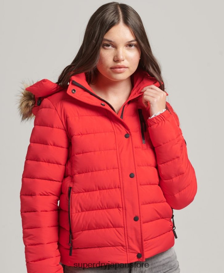 フェイクファーショートフード付きパファージャケット 女性 Superdry 衣類 赤 2J62PZ5571