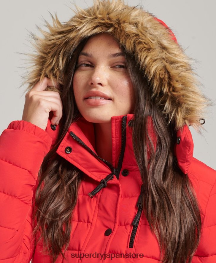 フェイクファーショートフード付きパファージャケット 女性 Superdry 衣類 赤 2J62PZ5571