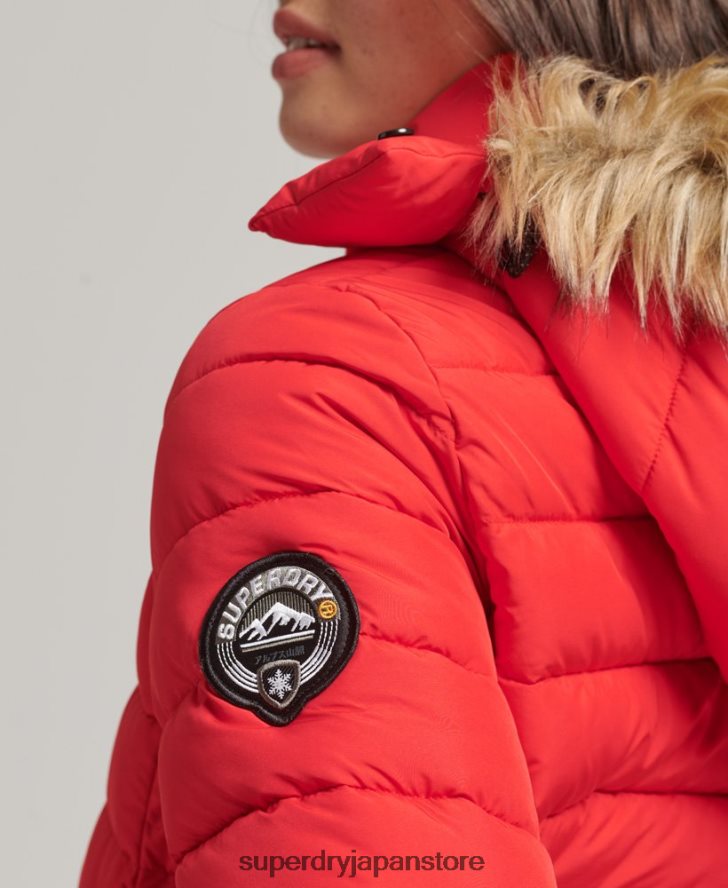 フェイクファーショートフード付きパファージャケット 女性 Superdry 衣類 赤 2J62PZ5571