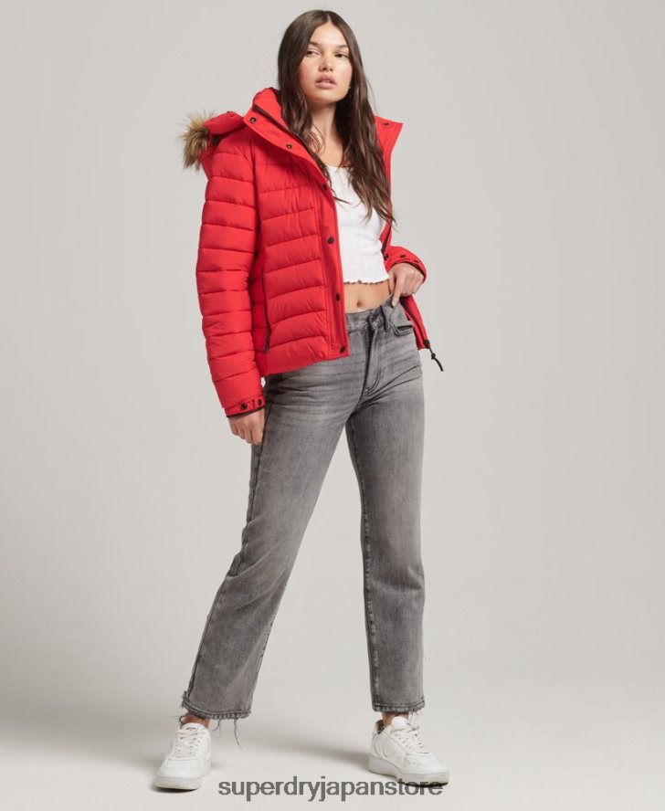 フェイクファーショートフード付きパファージャケット 女性 Superdry 衣類 赤 2J62PZ5571