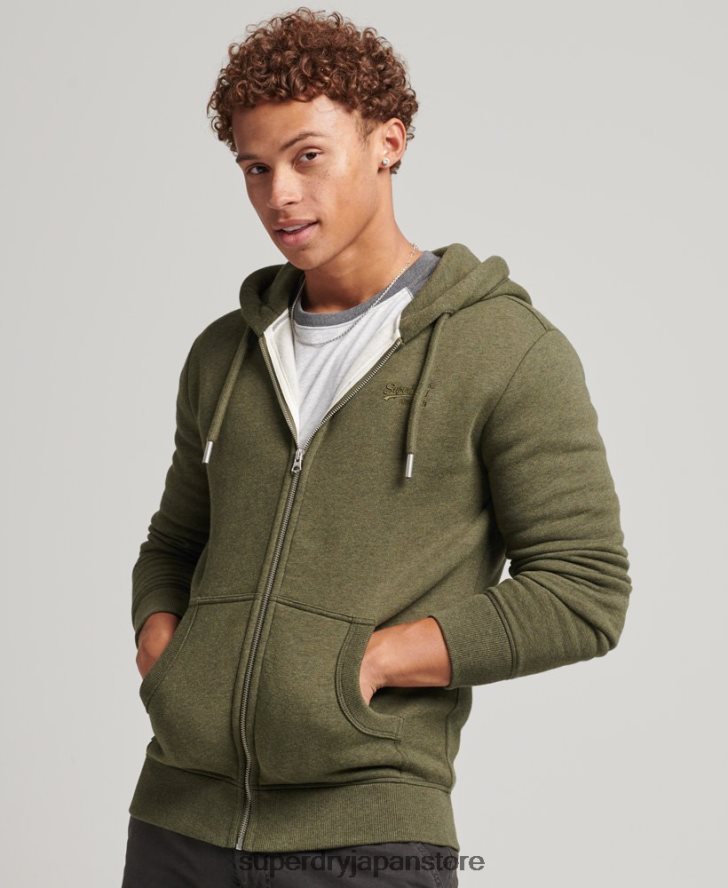 オーガニックコットン ヴィンテージロゴ刺繍ジップパーカー 男性 Superdry 衣類 カーキ 2J62PZ559