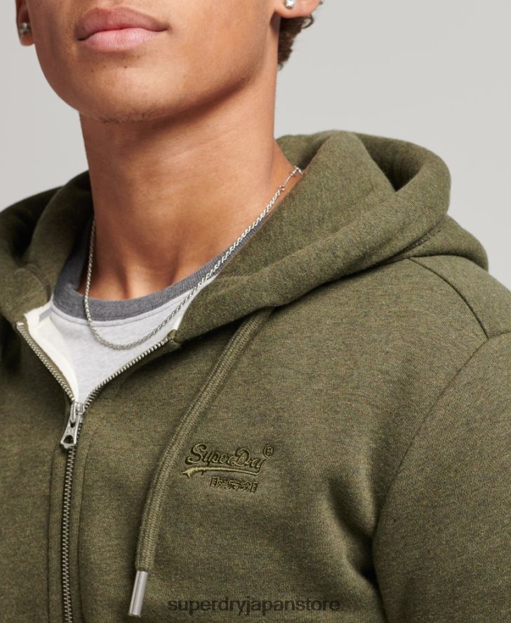 オーガニックコットン ヴィンテージロゴ刺繍ジップパーカー 男性 Superdry 衣類 カーキ 2J62PZ559