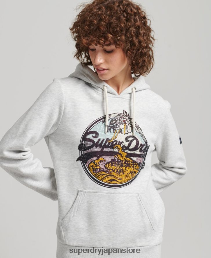 ヴィンテージロゴ ナラティブラインストーンパーカー 女性 Superdry 衣類 ライトグレー 2J62PZ5863