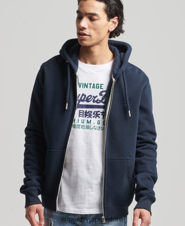 オーガニックコットン ヴィンテージロゴ刺繍ジップパーカー 男性 Superdry 衣類 海軍 2J62PZ626