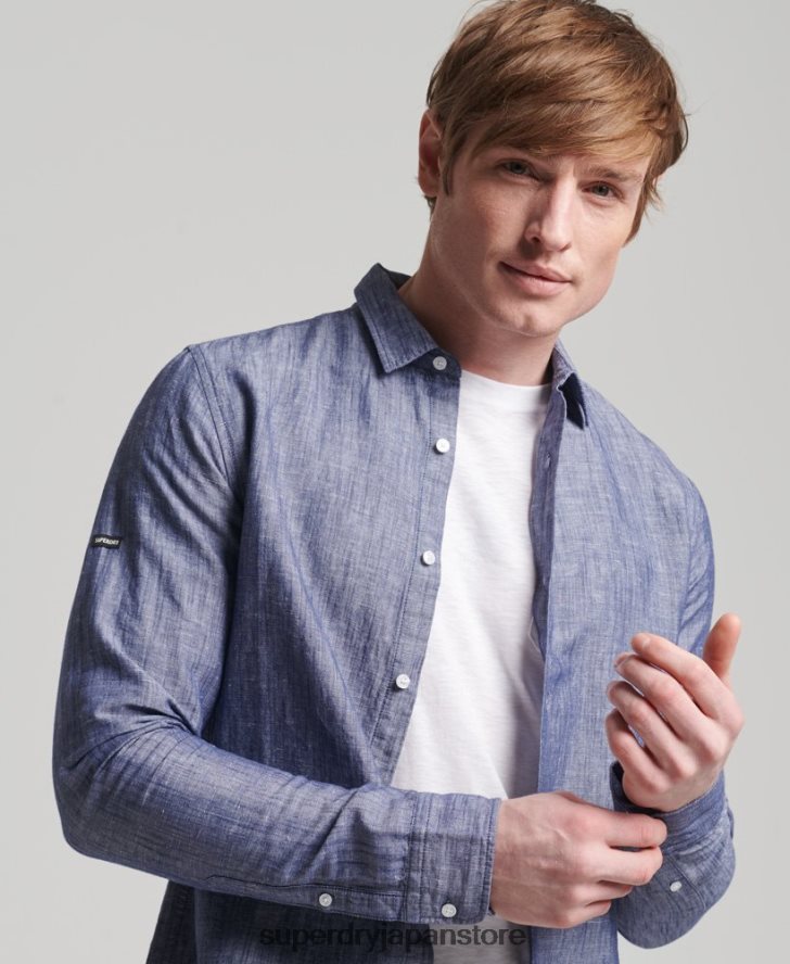 オーガニックコットンとリネンの長袖シャツ 男性 Superdry 衣類 濃紺 2J62PZ6398
