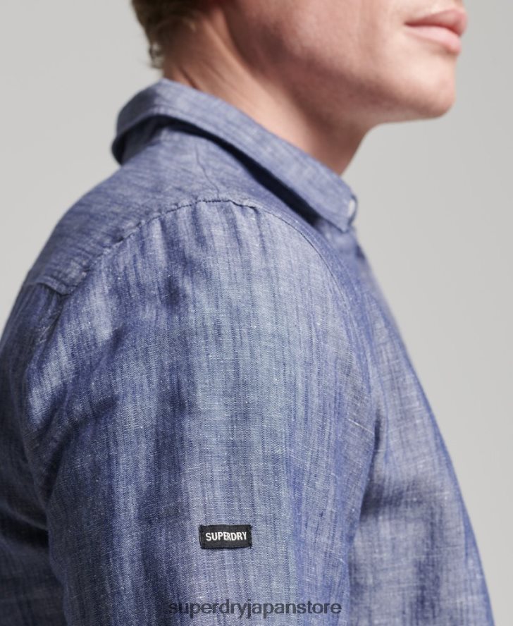 オーガニックコットンとリネンの長袖シャツ 男性 Superdry 衣類 濃紺 2J62PZ6398