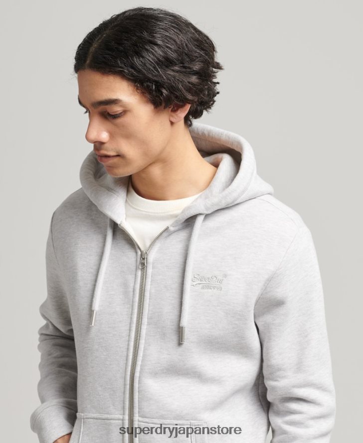 オーガニックコットン ヴィンテージロゴ刺繍ジップパーカー 男性 Superdry 衣類 ライトグレー 2J62PZ641