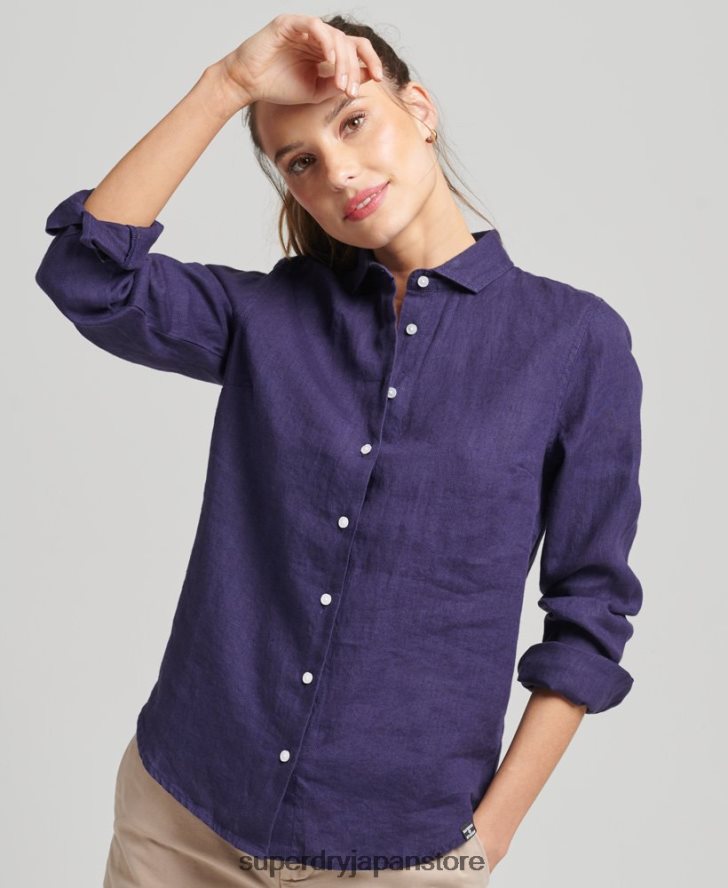 スタジオリネン長袖シャツ 女性 Superdry 衣類 海軍 2J62PZ6513