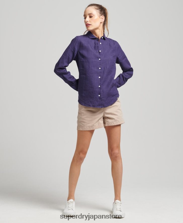 スタジオリネン長袖シャツ 女性 Superdry 衣類 海軍 2J62PZ6513