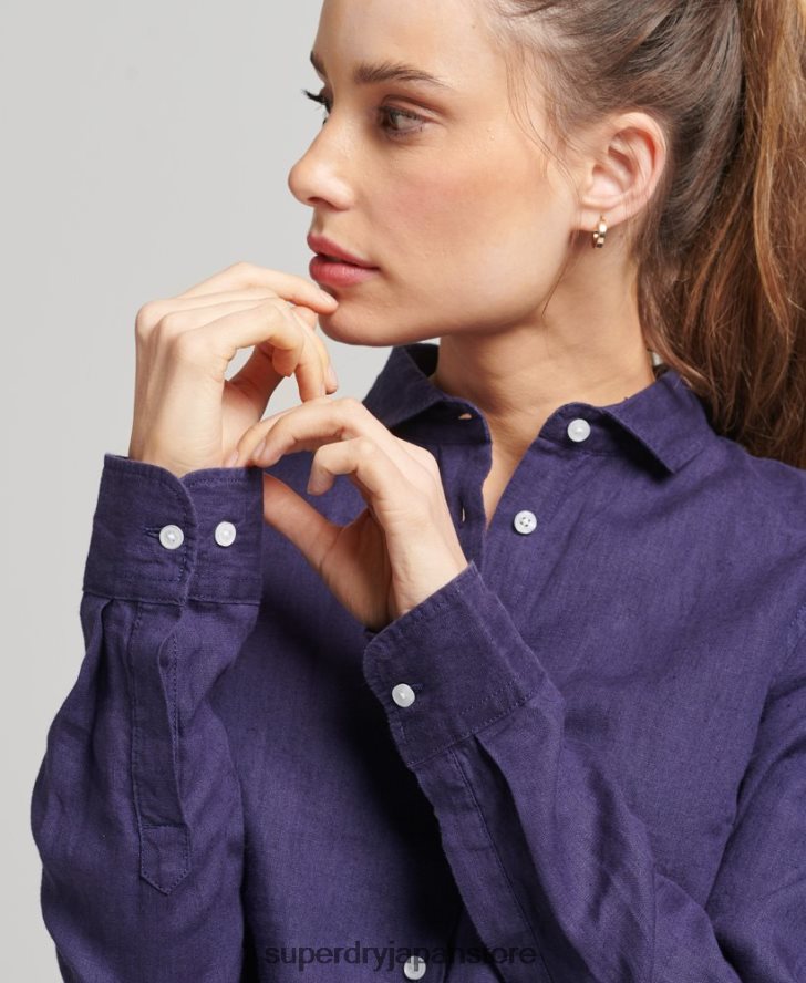 スタジオリネン長袖シャツ 女性 Superdry 衣類 海軍 2J62PZ6513