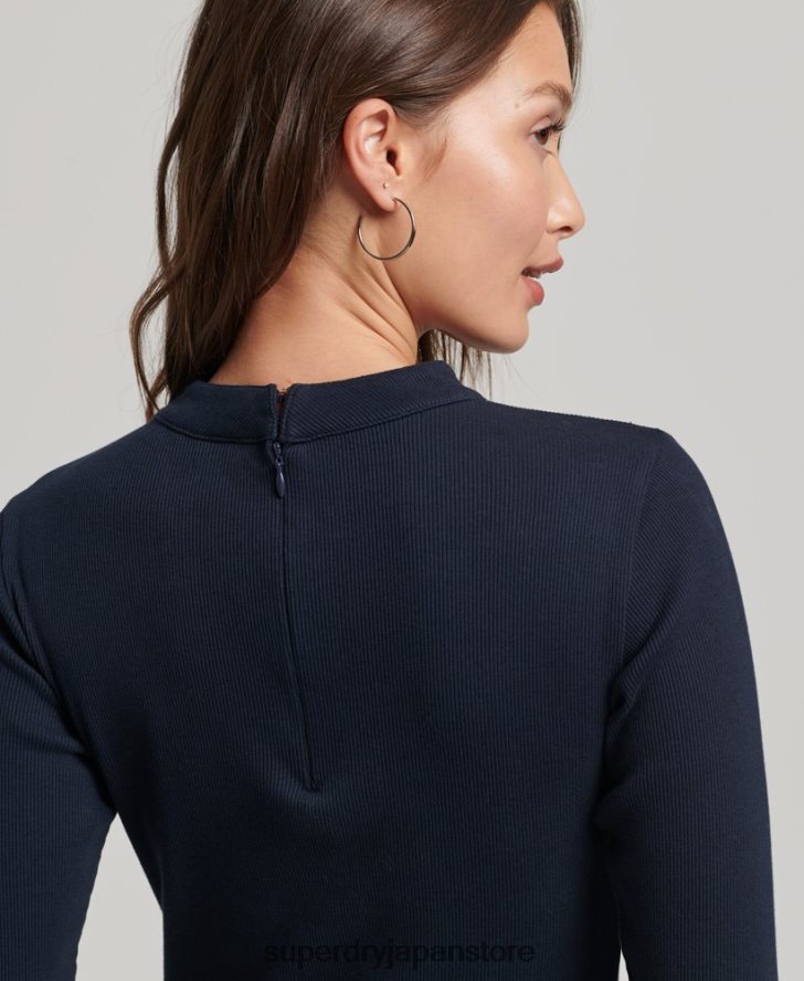 長袖リブボディコンミニドレス 女性 Superdry 衣類 海軍 2J62PZ6534