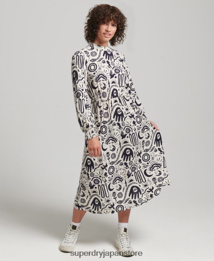 プリントミディ長袖ドレス 女性 Superdry 衣類 クリーム 2J62PZ6707