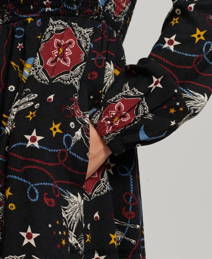 ロングスモックドレス 女性 Superdry 衣類 黒 2J62PZ6718