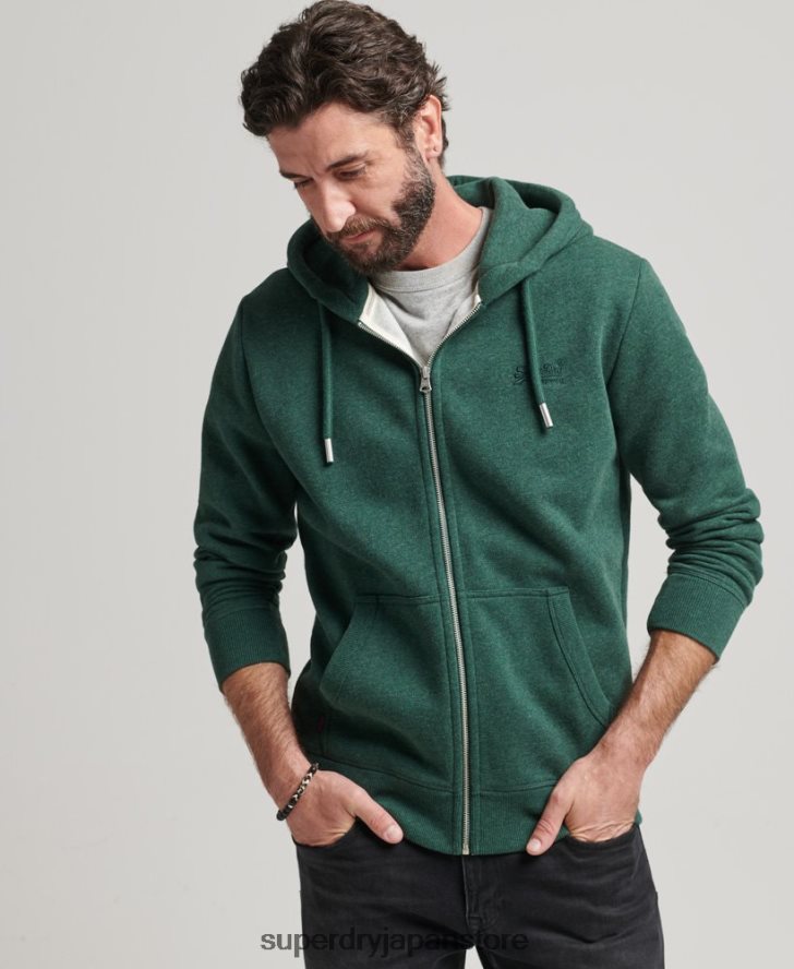 オーガニックコットン ヴィンテージロゴ刺繍ジップパーカー 男性 Superdry 衣類 緑 2J62PZ710