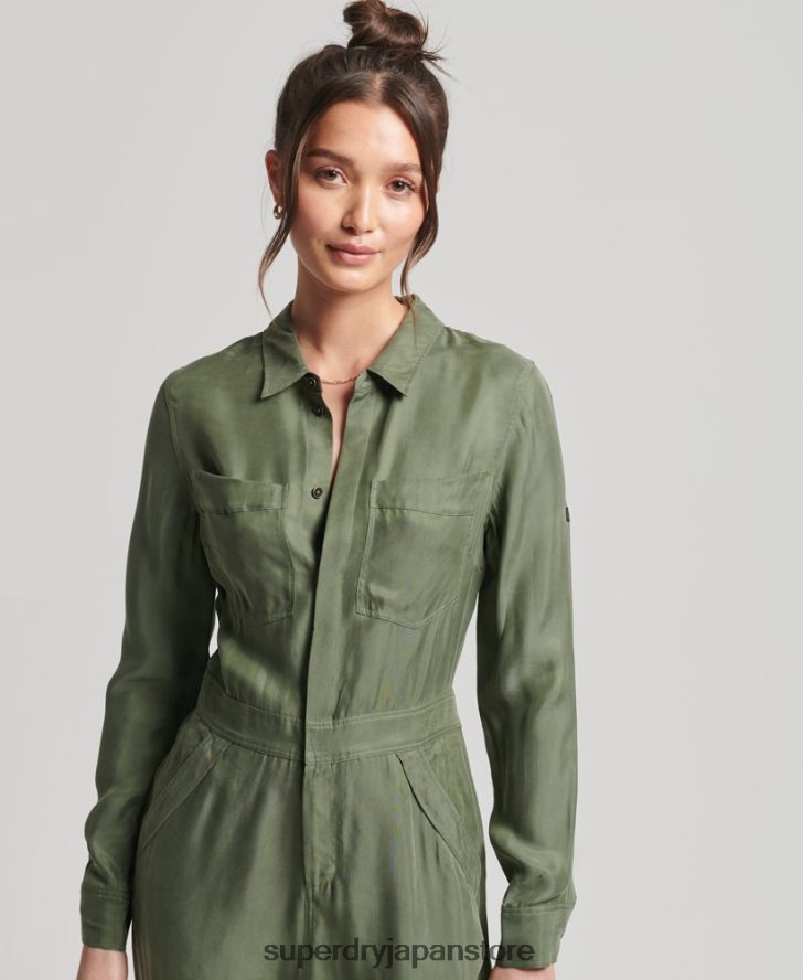 キュプラ長袖シャツジャンプスーツ 女性 Superdry 衣類 緑 2J62PZ4104