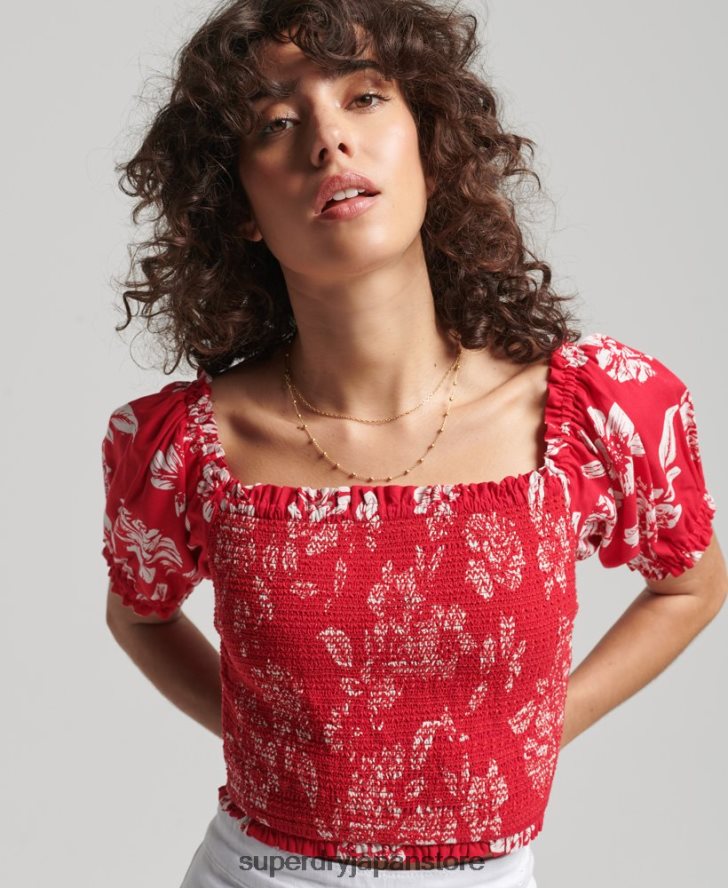 ヴィンテージ ecovero スモッキング クロップトップ 女性 Superdry 衣類 赤 2J62PZ6706