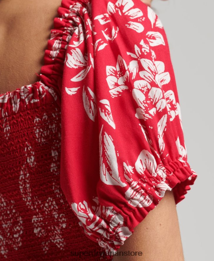 ヴィンテージ ecovero スモッキング クロップトップ 女性 Superdry 衣類 赤 2J62PZ6706