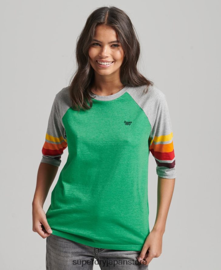 オーガニックコットン カリストライプ 2.0 ラグラン T シャツ 女性 Superdry 衣類 緑 2J62PZ2829