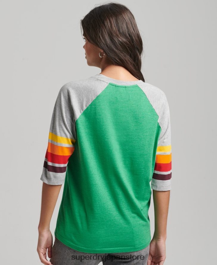 オーガニックコットン カリストライプ 2.0 ラグラン T シャツ 女性 Superdry 衣類 緑 2J62PZ2829