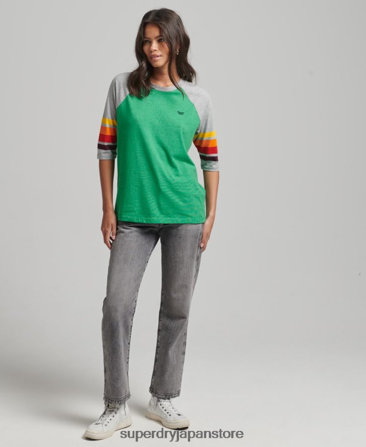 オーガニックコットン カリストライプ 2.0 ラグラン T シャツ 女性 Superdry 衣類 緑 2J62PZ2829