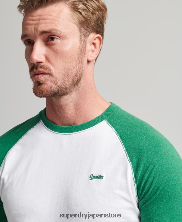 オーガニックコットン エッセンシャル 長袖ベースボール トップ 男性 Superdry 衣類 緑 2J62PZ1496