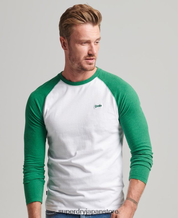 オーガニックコットン エッセンシャル 長袖ベースボール トップ 男性 Superdry 衣類 緑 2J62PZ1496