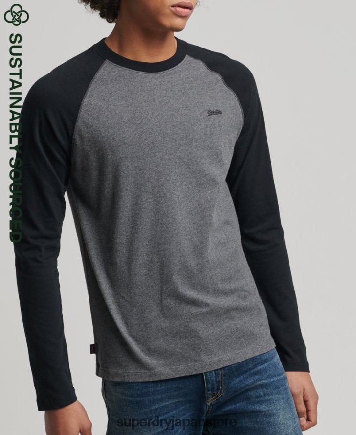 オーガニックコットン エッセンシャル 長袖ベースボール トップ 男性 Superdry 衣類 濃い灰色 2J62PZ1505