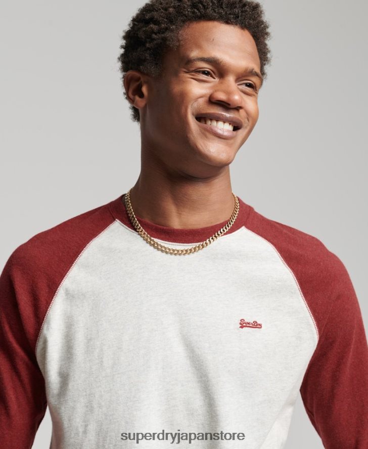 オーガニックコットン エッセンシャル 長袖ベースボール トップ 男性 Superdry 衣類 赤 2J62PZ1518