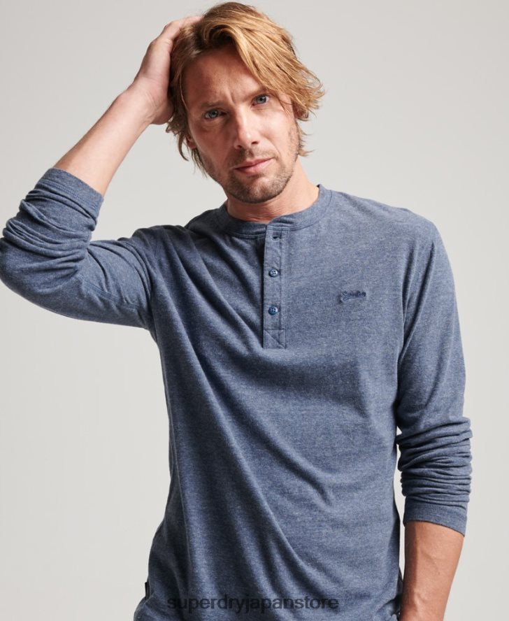 オーガニックコットンのヴィンテージロゴ刺繍入りヘンリートップ 男性 Superdry 衣類 海軍 2J62PZ1525