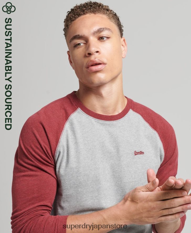 オーガニックコットン エッセンシャル 長袖ベースボール トップ 男性 Superdry 衣類 赤 2J62PZ1527