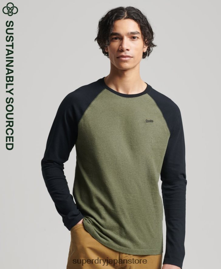 オーガニックコットン エッセンシャル 長袖ベースボール トップ 男性 Superdry 衣類 緑 2J62PZ1557