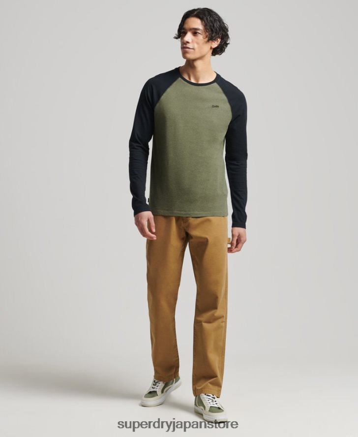 オーガニックコットン エッセンシャル 長袖ベースボール トップ 男性 Superdry 衣類 緑 2J62PZ1557