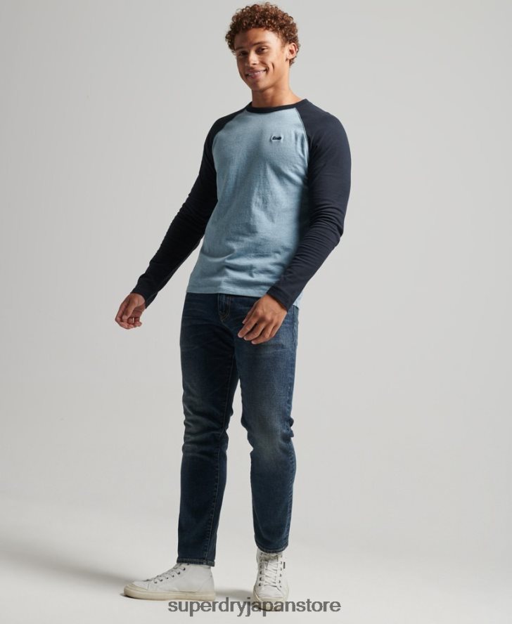 オーガニックコットン エッセンシャル 長袖ベースボール トップ 男性 Superdry 衣類 青 2J62PZ1583