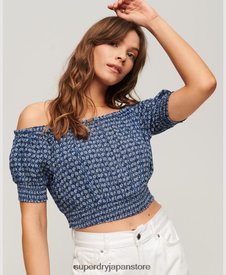スモッキング半袖クロップトップ 女性 Superdry 衣類 青 2J62PZ2023