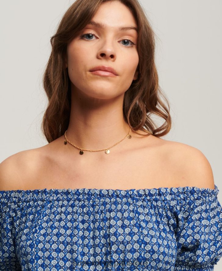スモッキング半袖クロップトップ 女性 Superdry 衣類 青 2J62PZ2023