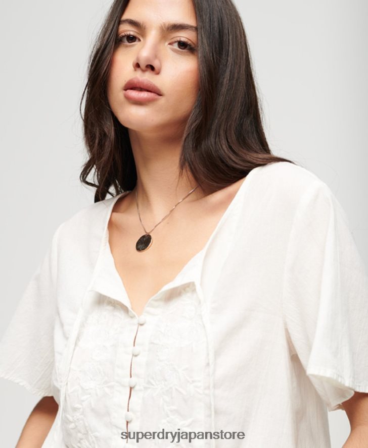 半袖刺繍ボタントップ 女性 Superdry 衣類 クリーム 2J62PZ2078
