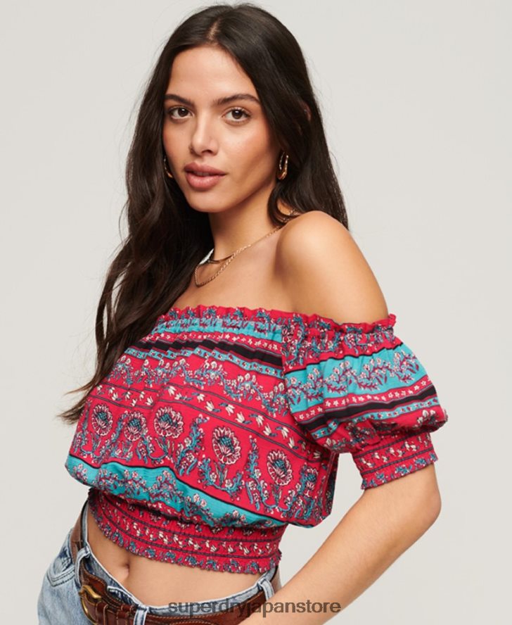スモッキング半袖クロップトップ 女性 Superdry 衣類 ピンク 2J62PZ2109