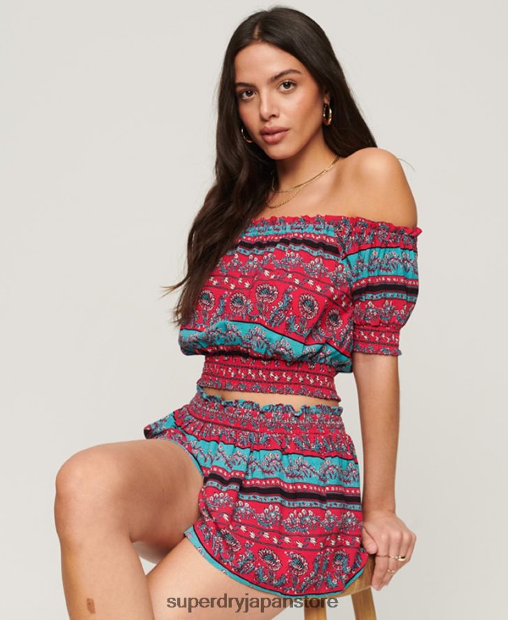 スモッキング半袖クロップトップ 女性 Superdry 衣類 ピンク 2J62PZ2109