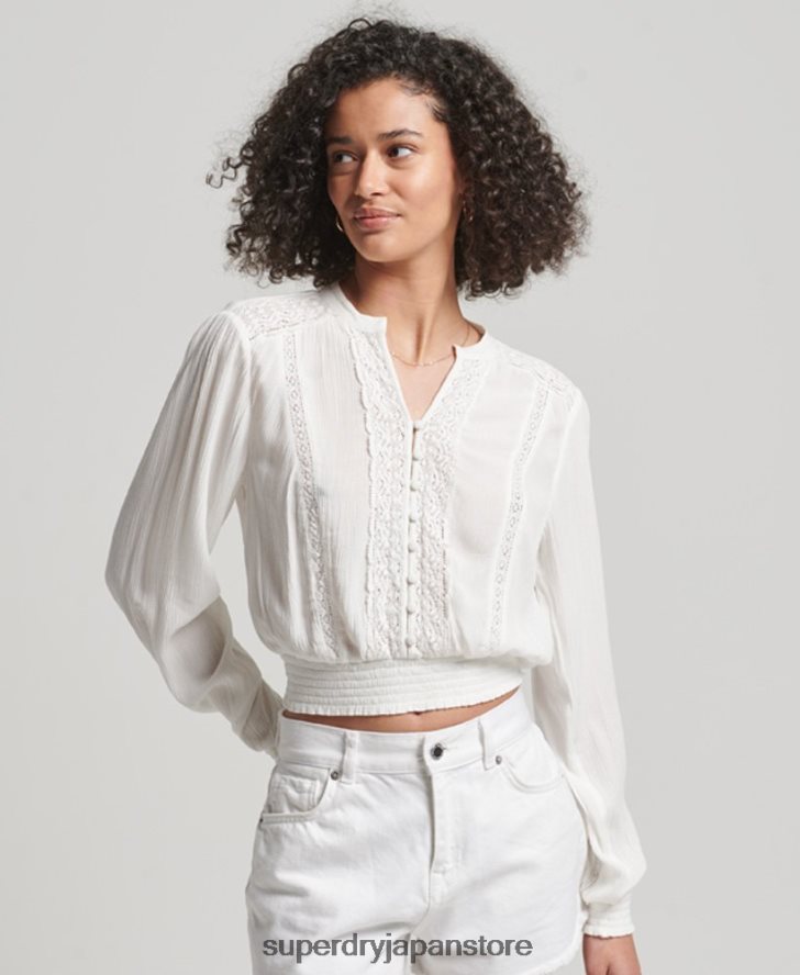 長袖レーストリムスモックブラウス 女性 Superdry 衣類 クリーム 2J62PZ2270