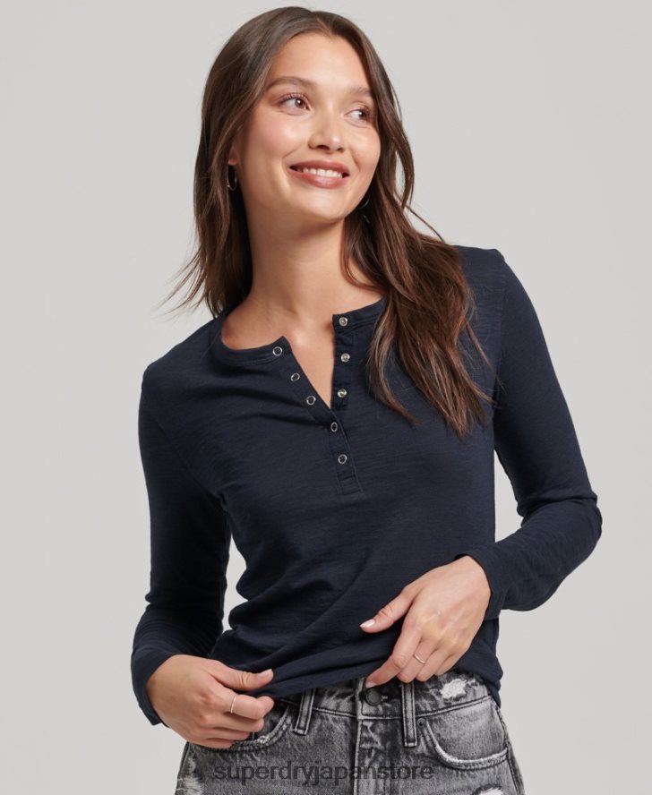 長袖スラブジャージー ヘンリートップ 女性 Superdry 衣類 海軍 2J62PZ2869
